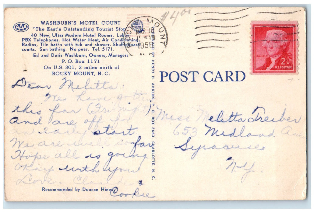 1956 Washburn Motel Court Roadside Rocky Mount North Carolina NC Posted Postcard