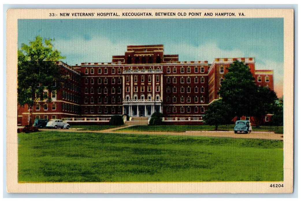 c1940 New Veterans Hospital Building Classic Car Kecoughtan Virginia VA Postcard