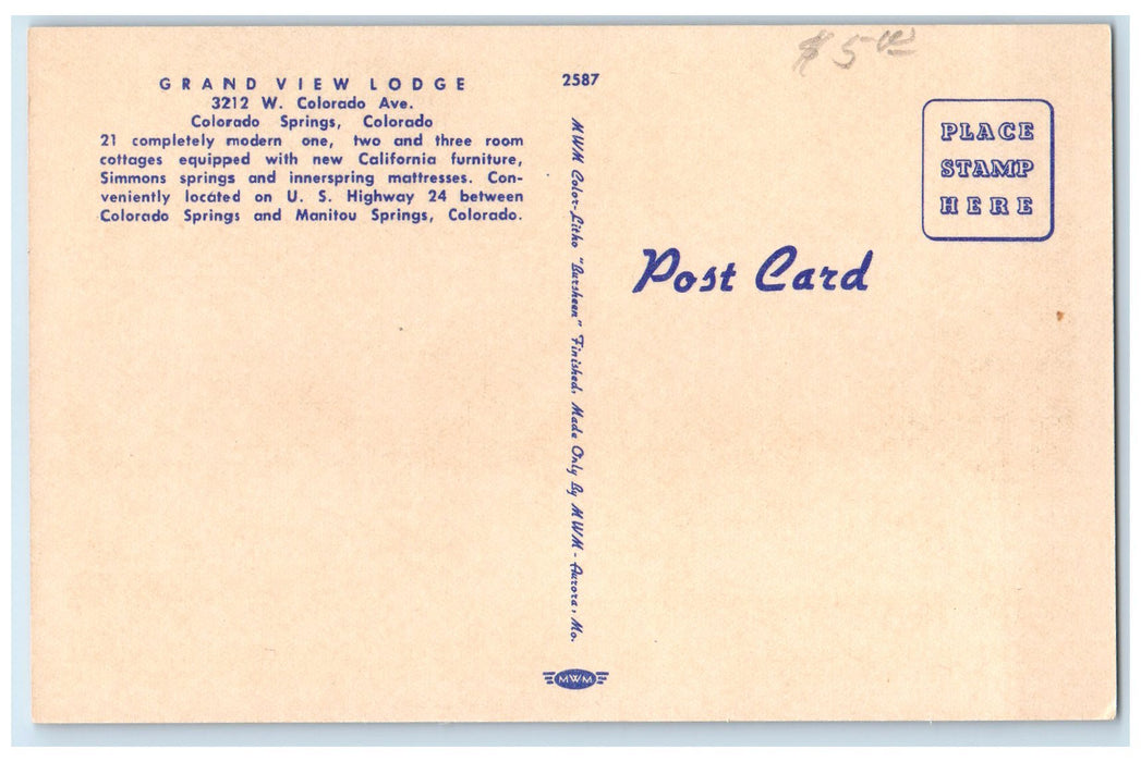 c1940s Grand View Lodge Pikes Peak Background Colorado Springs CO Trees Postcard