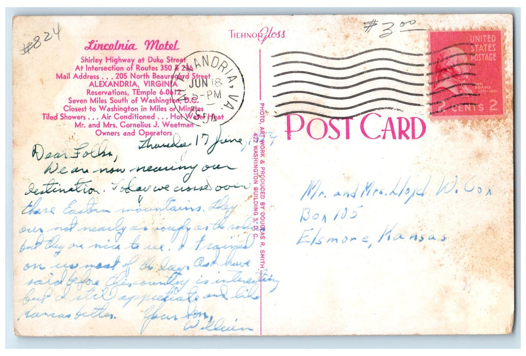 1954 Lincolnia Motel Restaurant Cottages Alexandria Virginia VA Posted Postcard