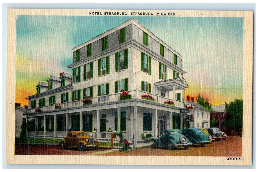 c1940's Hotel Strasburg Building Restaurant Classic Cars Strasburg VA Postcard