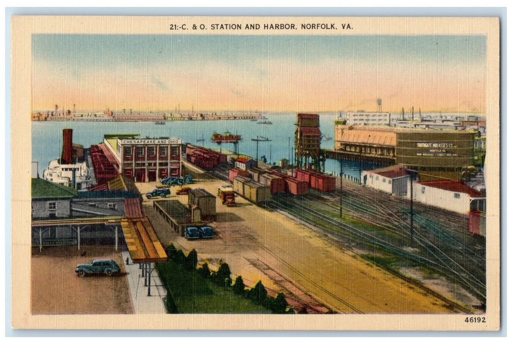 c1940 Station Harbor Container Cargo Ships Railroad Norfolk Virginia VA Postcard