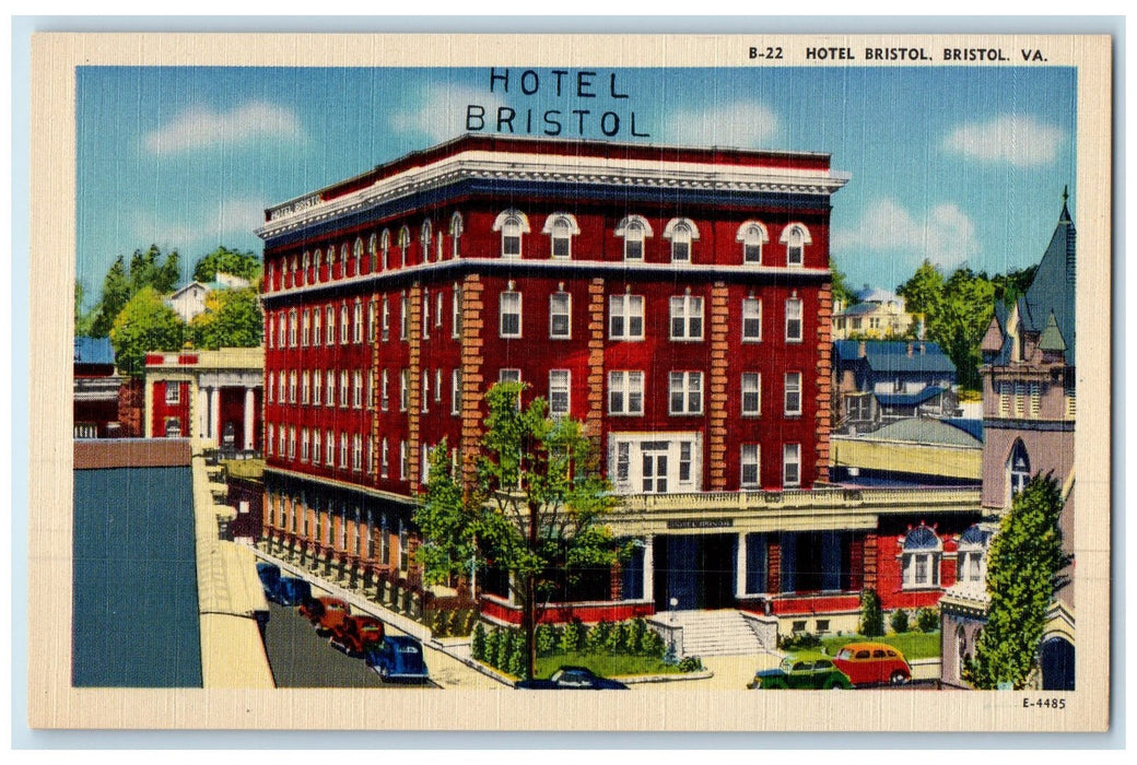 c1940 Hotel Bristol Building Restaurant Classic Cars Stairs Bristol VA Postcard