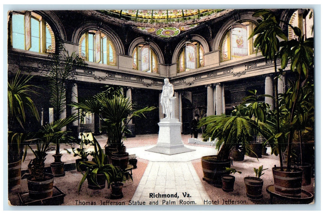 c1950 Thomas Jefferson Hotel Statue And Palm Room Richmond Virginia VA Postcard