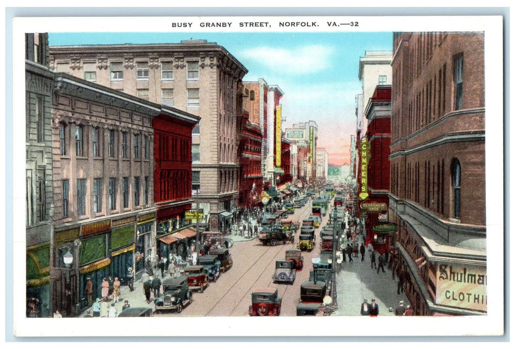 c1920 Busy Granby Street Downtown Crowd Classic Car Norfolk Virginia VA Postcard