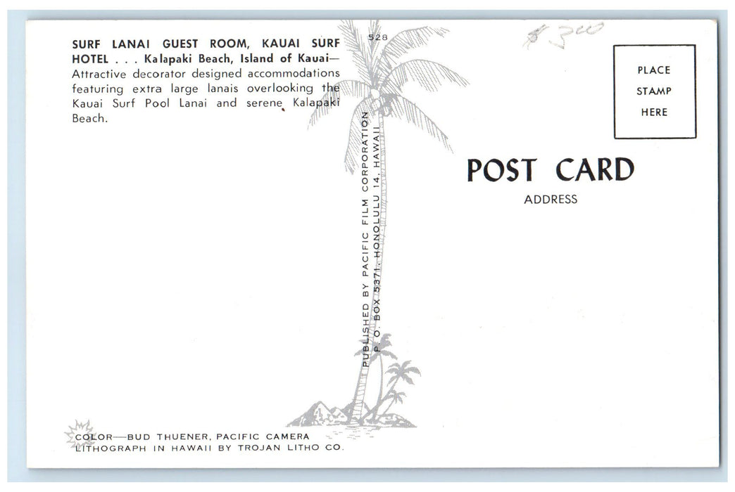 c1960's Surf Lanai Guest Room Kauai Surf Hotel Kauai Hawaii HI Unposted Postcard