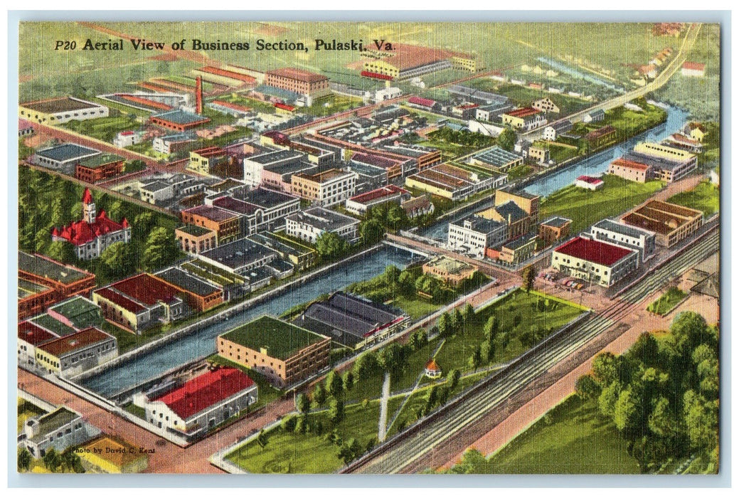 c1940 Aerial View Of Business Section Buildings Bridges Lake Pulaski VA Postcard