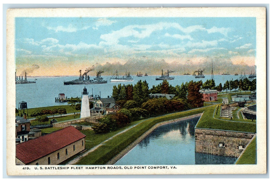 c1920's US Battleship Fleet Hampton Roads Old Point Comfort Virginia VA Postcard