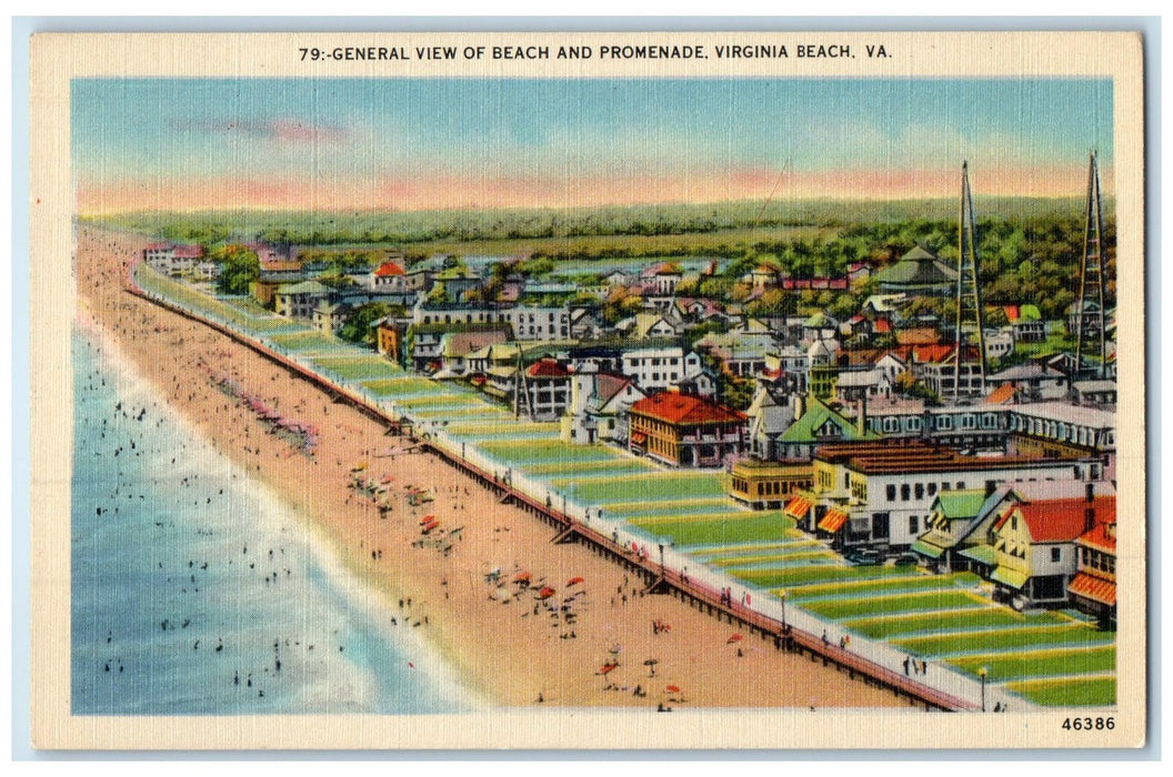 c1940's General View Of Beach & Promenade Virginia Beach Virginia VA Postcard