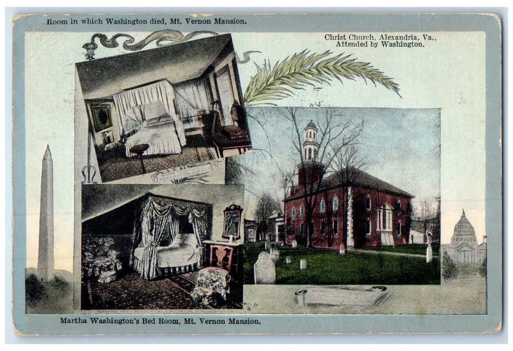 c1920 Room Washington Died Church Attended & Martha Room Mt. Vernon VA Postcard