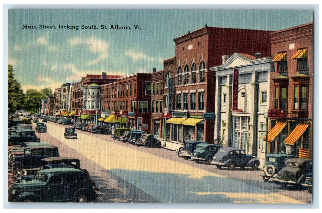 c1940's Main Street Looking South Shops And Cars St. Albans Vermont VT Postcard