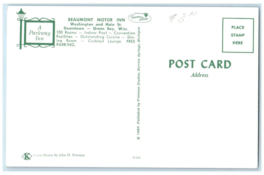 c1950 Beaumont Motor Inn Hotel Building Restaurant View Green Bay WI Postcard