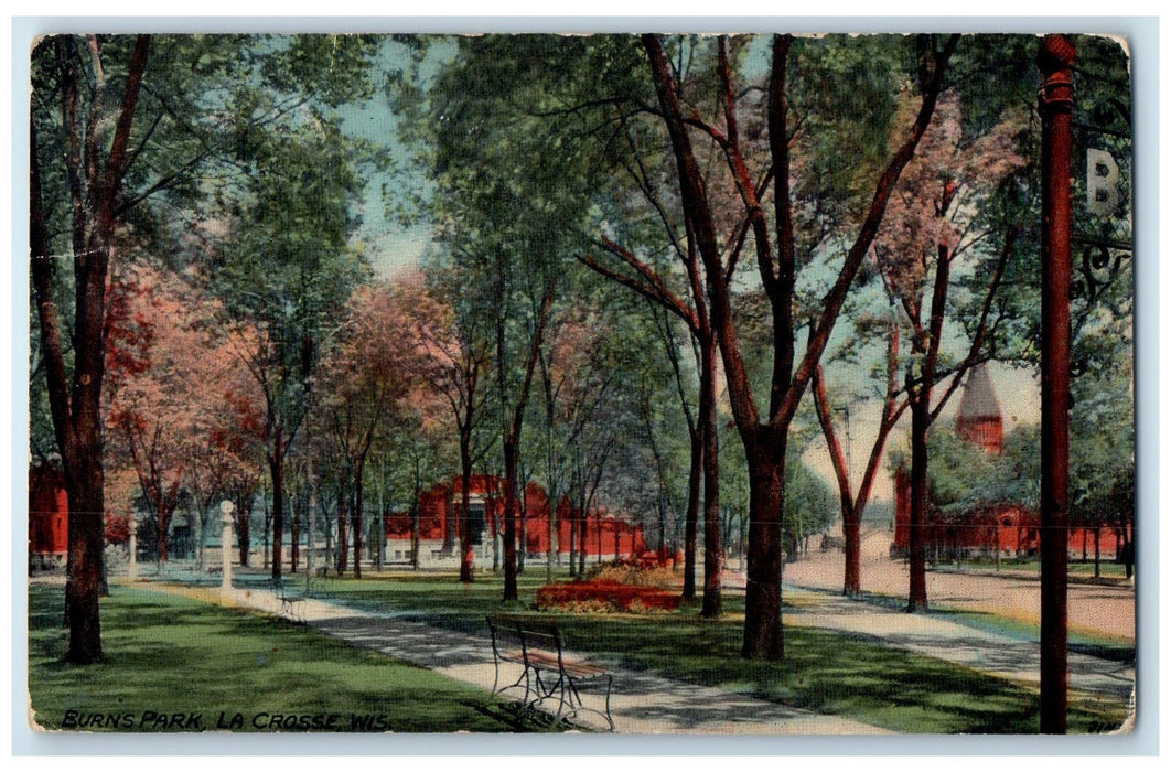 c1910 Burns Park Benches Pathways Building Trees La Crosse Wisconsin WI Postcard