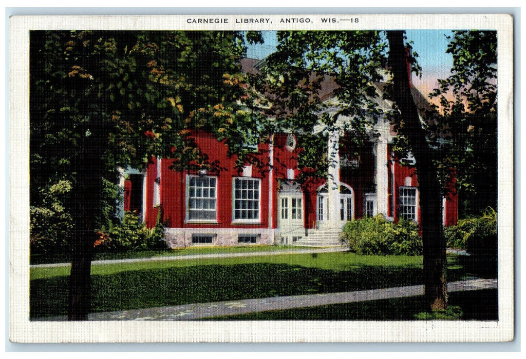 1942 Carnegie Library Building Pathways Entrance Antigo Wisconsin WI Postcard