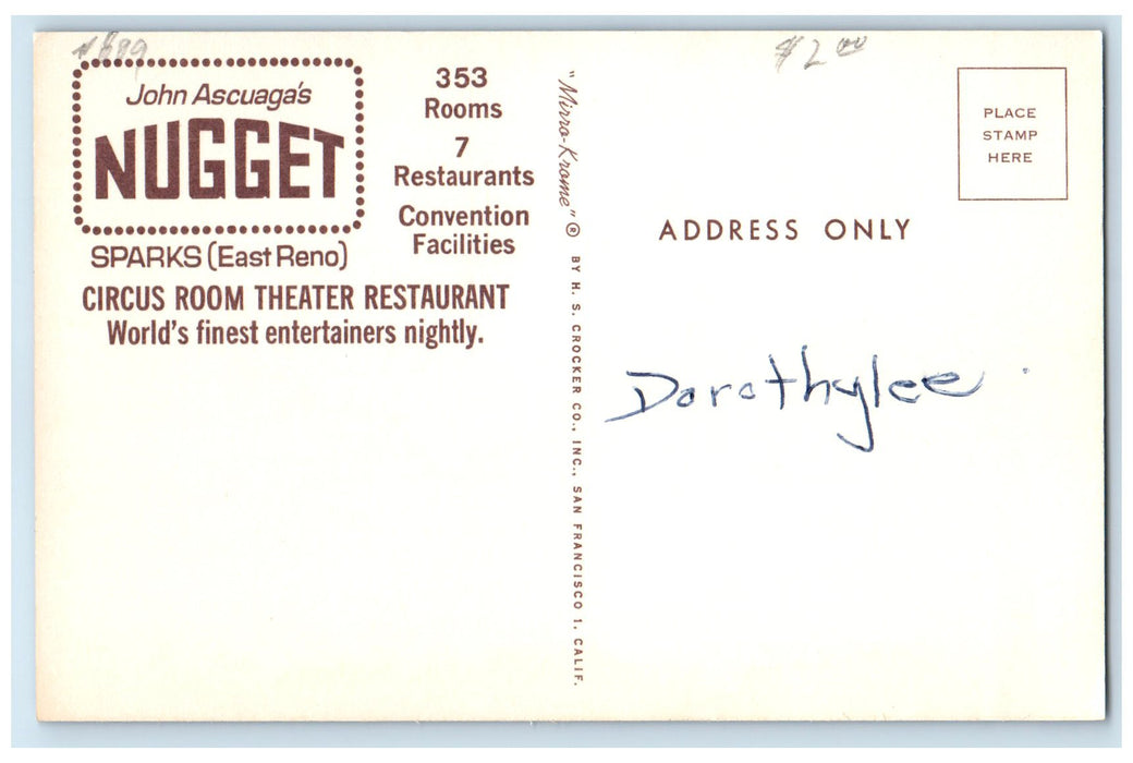 c1960's John Ascuaga's Nugget Circus Room Theater Restaurant Reno NV Postcard