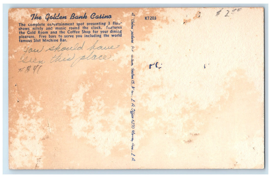 c1940s The Golden Bank Casino Exterior Roadside Reno Nevada NV Unposted Postcard