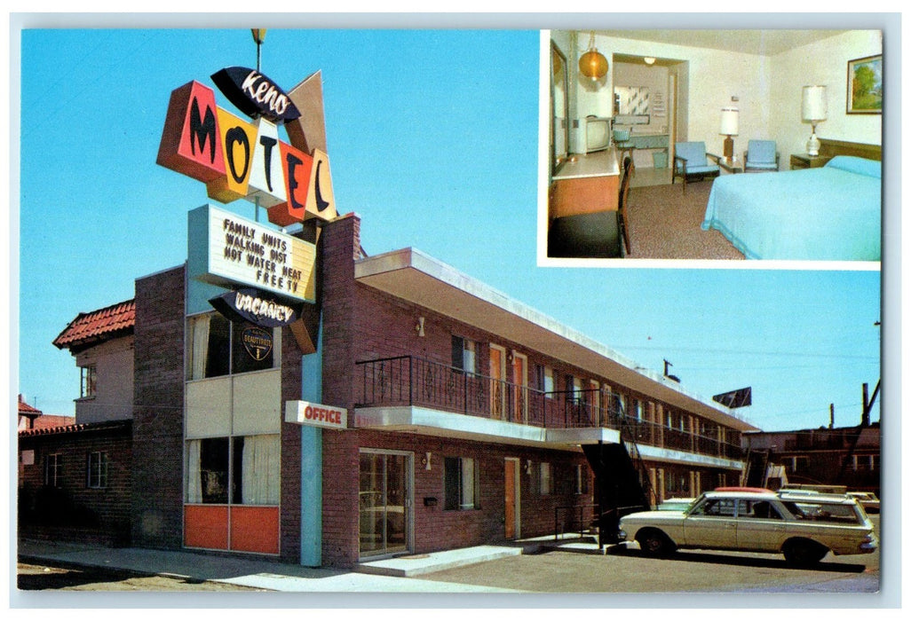 c1960's Keno Motel Exterior Roadside Reno Nevada NV Unposted Bedroom Postcard