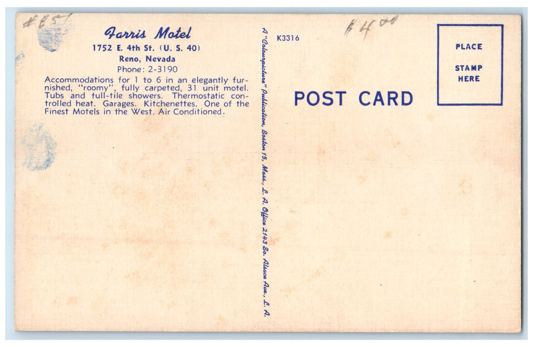 c1940's Farris Motel Exterior Roadside Reno Nevada NV Unposted Vintage Postcard