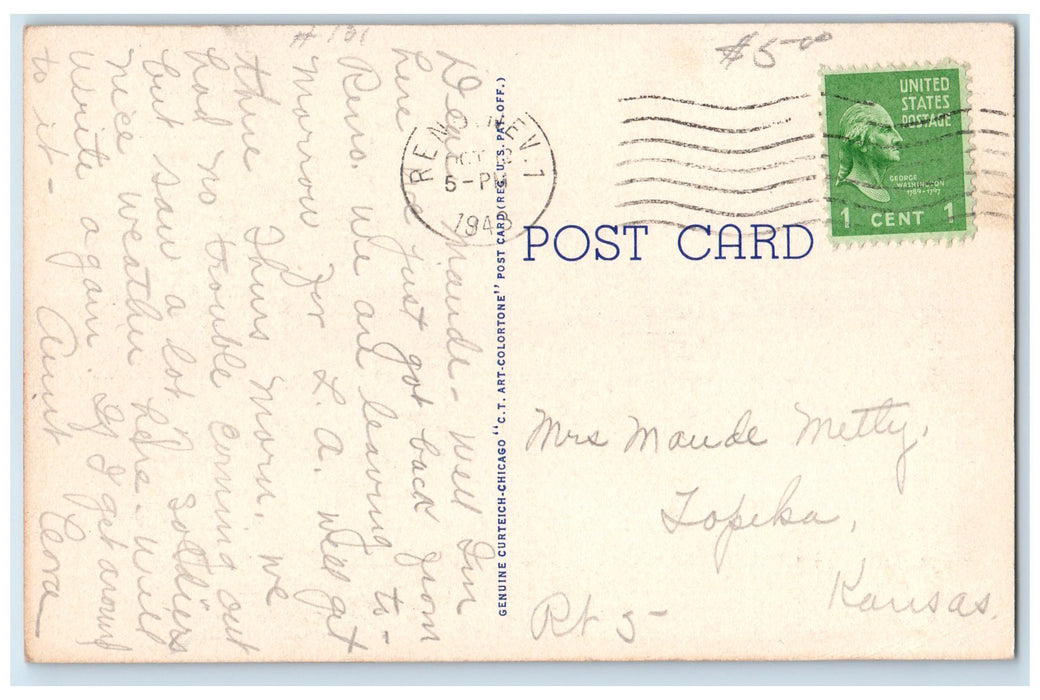 1940 Virginia Street And Truckee River Bridge Reno Nevada NV Posted Car Postcard