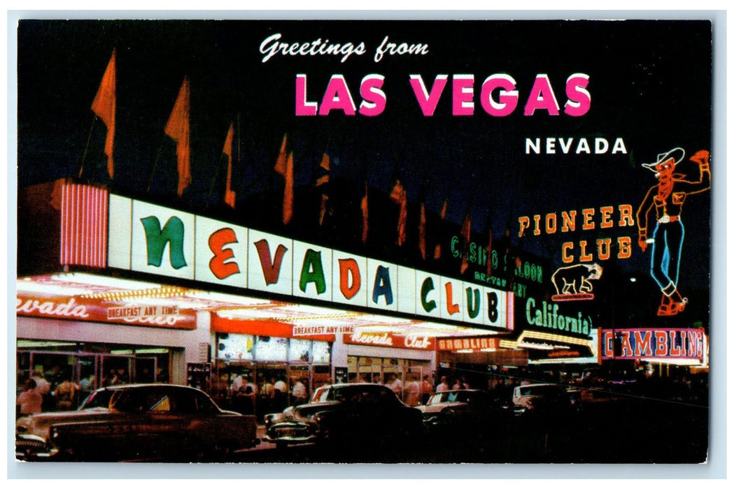 c1960's Greetings From Las Vegas Nevada Club Exterior Las Vegas NV Cars Postcard