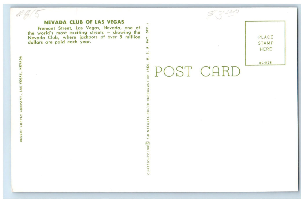 c1960's Greetings From Las Vegas Nevada Club Exterior Las Vegas NV Cars Postcard