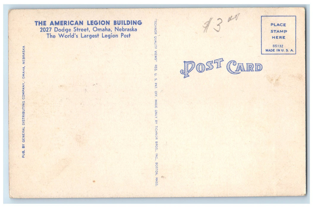 c1940s The American Legion Building Exterior Omaha Nebraska NE Unposted Postcard