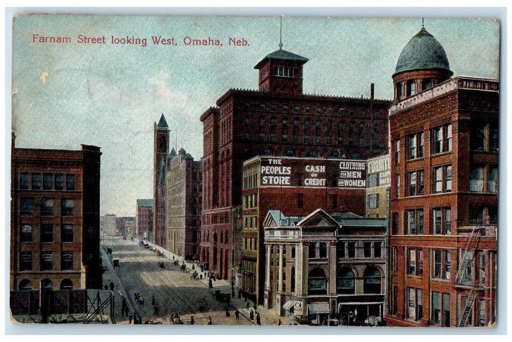 1910 Farnam Street Looking West Peoples Store Omaha Nebraska NE Posted Postcard