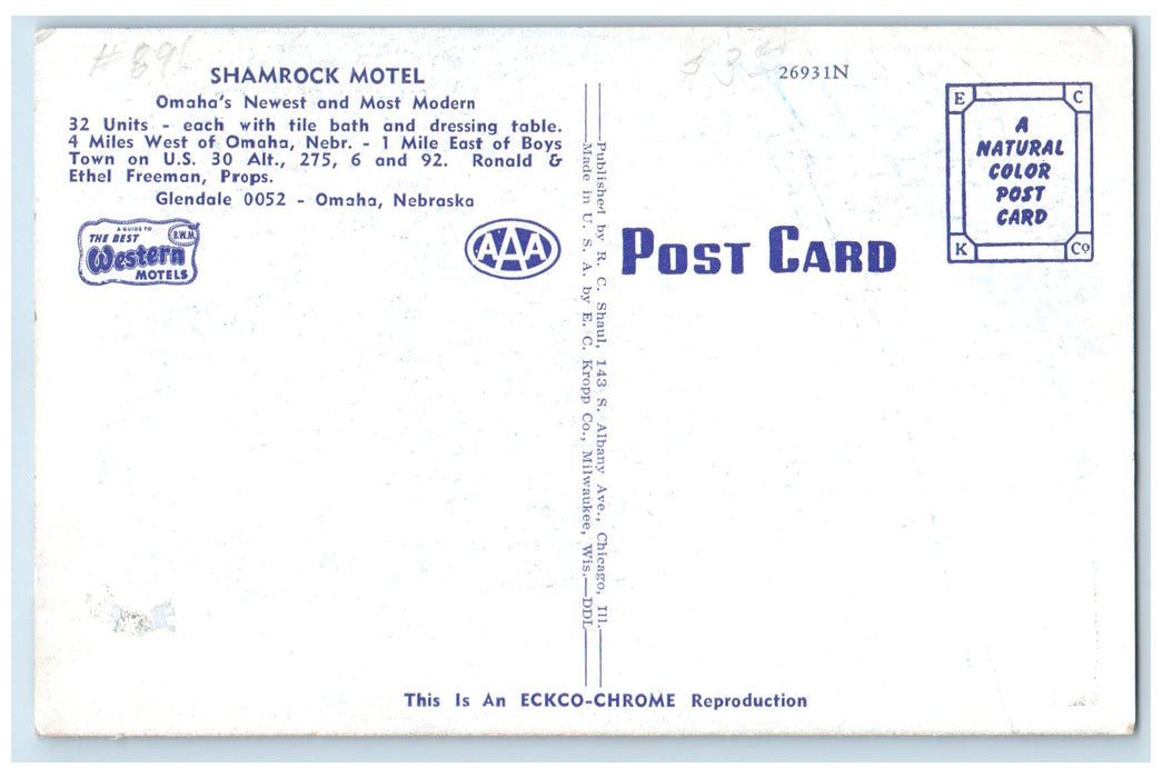 c1940's Shamrock Motel Exterior Roadside Omaha Nebraska NE Unposted Postcard