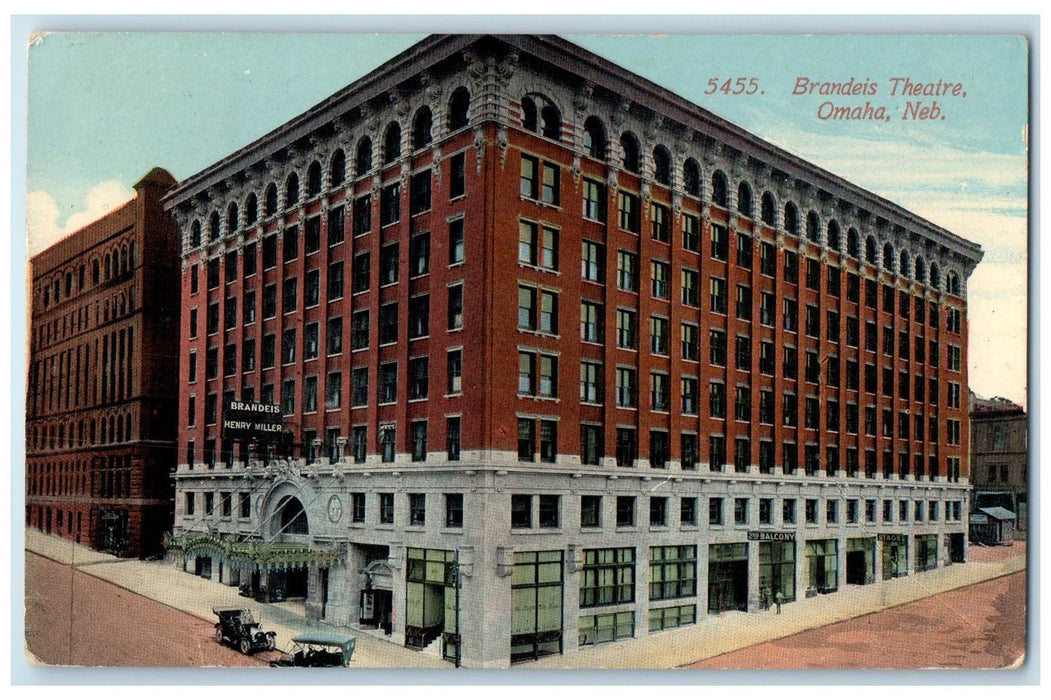 1914 Brandeis Theatre Exterior Roadside Omaha Nebraska NE Posted Car Postcard
