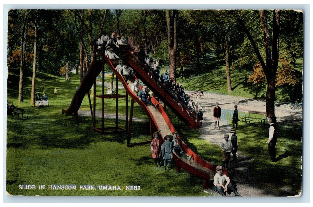 1914 Slide In Hanscom Park Children Sliding Omaha Nebraska NE Posted Postcard