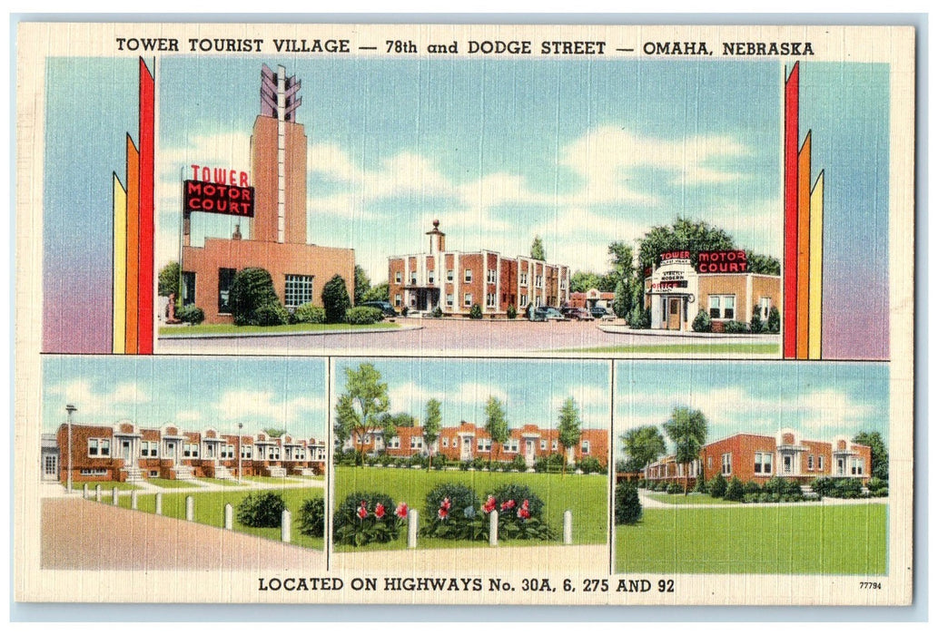 c1940s Tower Tourist Village And Dodge St. Omaha Nebraska NE Unposted Postcard