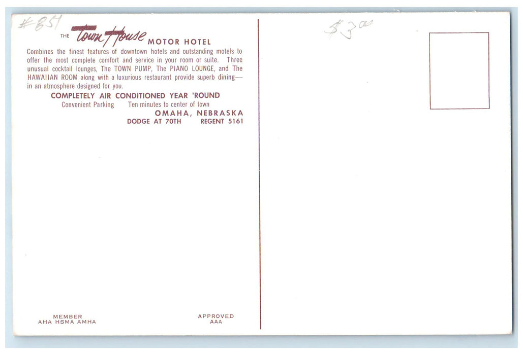 c1960's Town House Motor Hotel Exterior Roadside Omaha Nebraska NE Cars Postcard