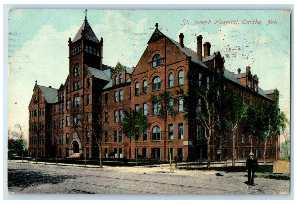 1909 St. Joseph Hospital Exterior Roadside Omaha Nebraska NE Posted Postcard