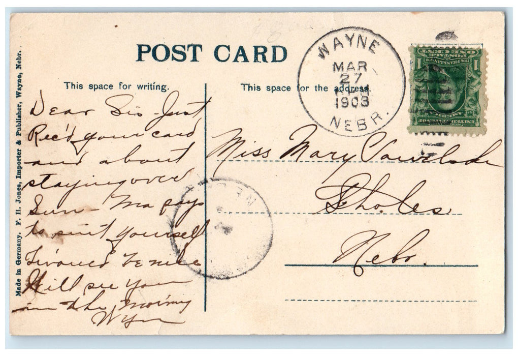 1908 Main Street Looking South Downtown Wayne Nebraska NE Posted Shops Postcard