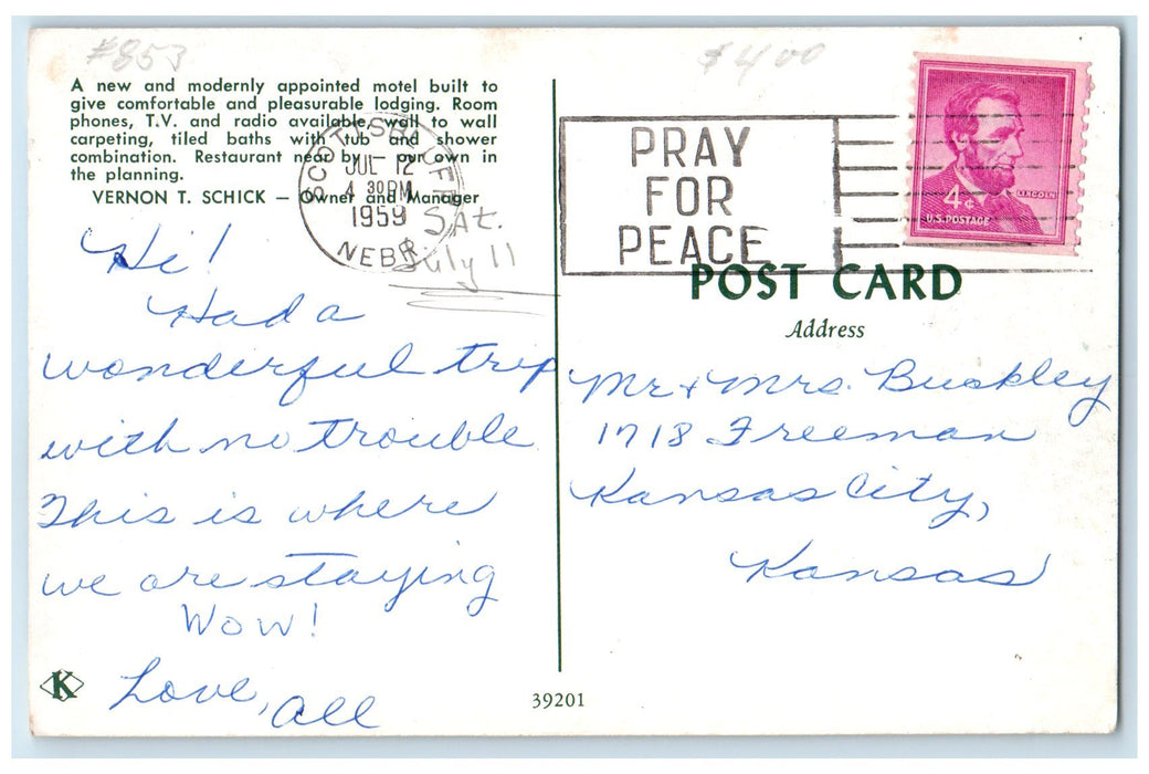 1959 Park Motel Exterior Roadside Scottsbluff Nebraska NE Posted Cars Postcard