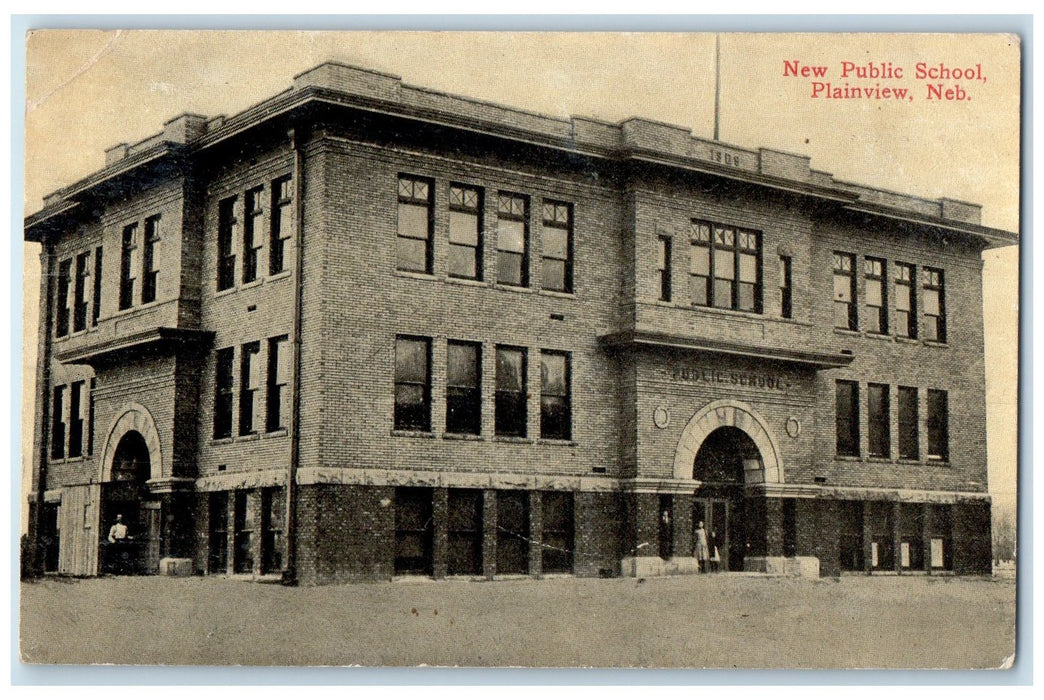 1912 New Public School Exterior Roadside Plainview Nebraska NE Posted Postcard