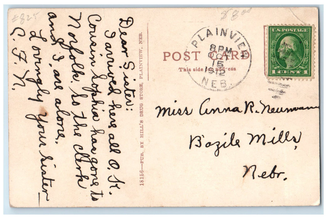 1912 New Public School Exterior Roadside Plainview Nebraska NE Posted Postcard