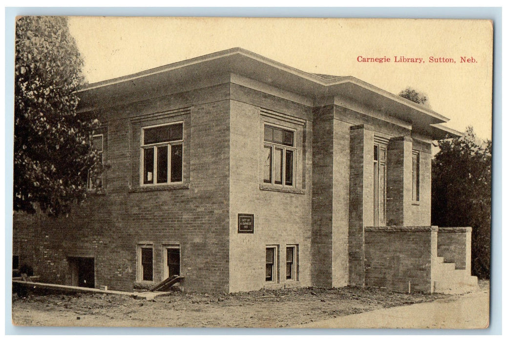 1914 Carnegie Library Exterior Roadside Sutton Nebraska NE Posted Trees Postcard