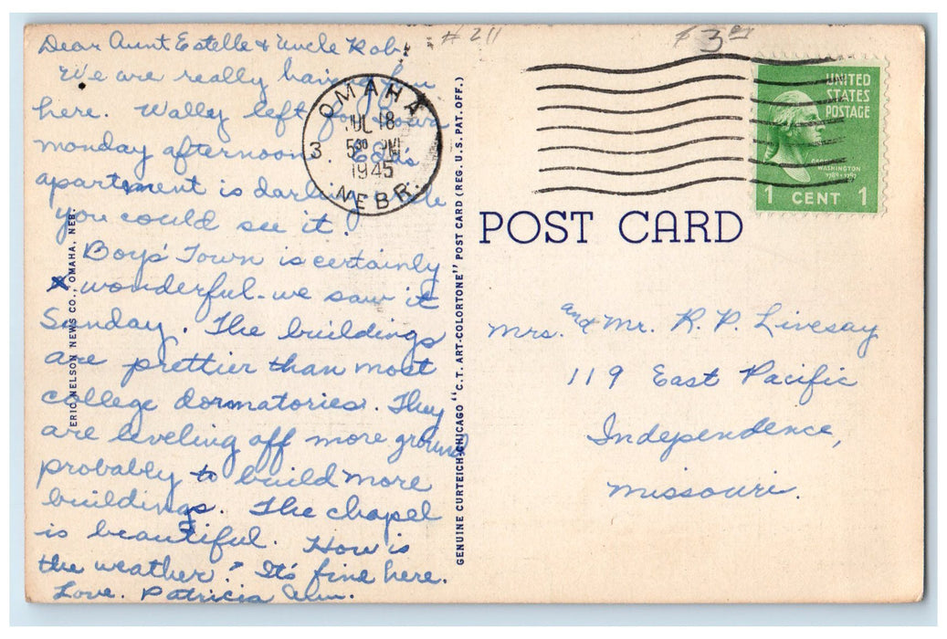 1945 Father Flanagan Boy's Home Exterior Boys Town Omaha Nebraska NE Postcard