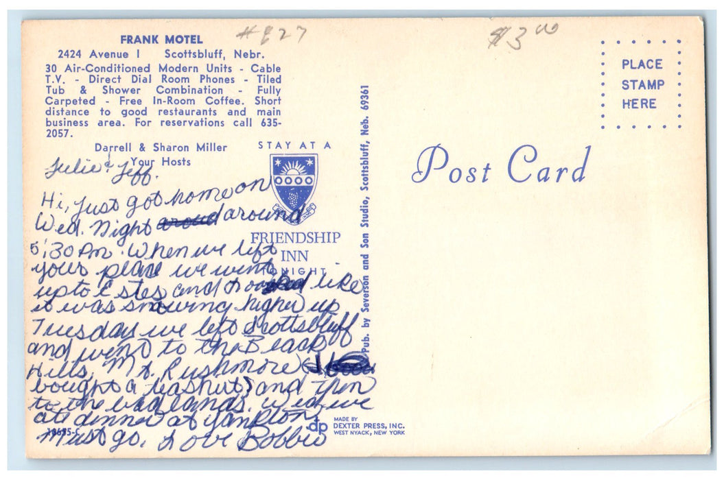 c1960's Frank Motel Exterior Roadside Scottsbluff Nebraska NE Unposted Postcard