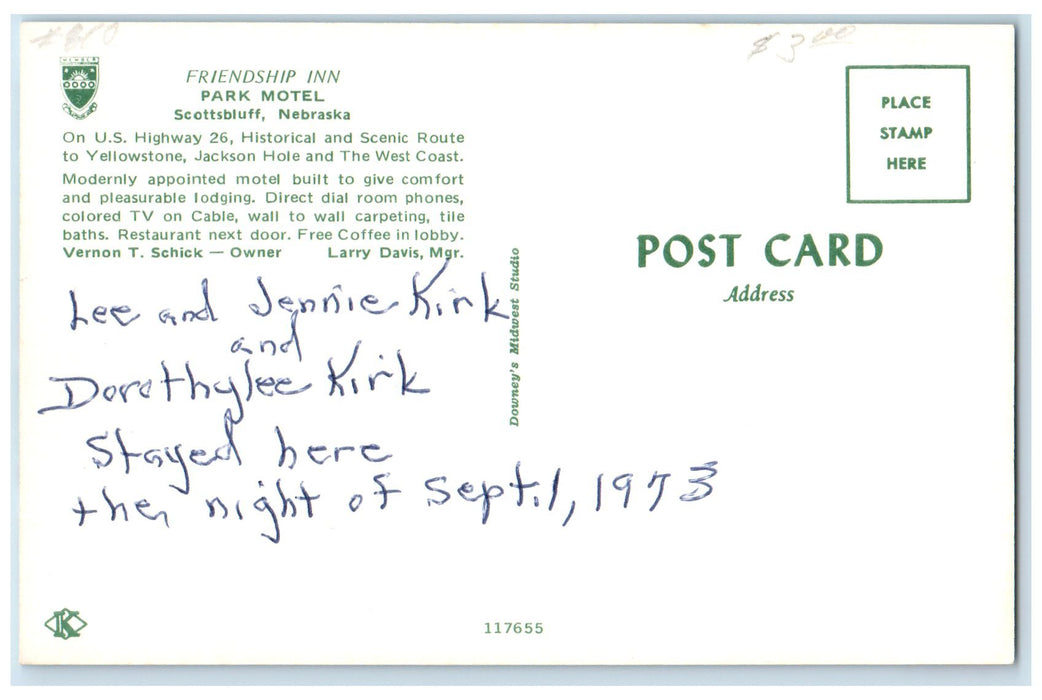 c1960s Friendship Inn Park Motel Scottsbluff Nebraska NE Unposted Trees Postcard