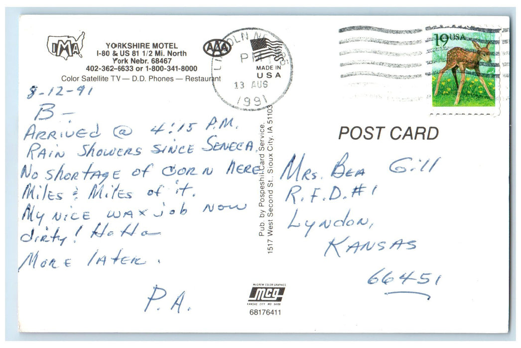 1991 Yorkshire Motel Exterior York Nebraska NE Posted Bedroom Interior Postcard