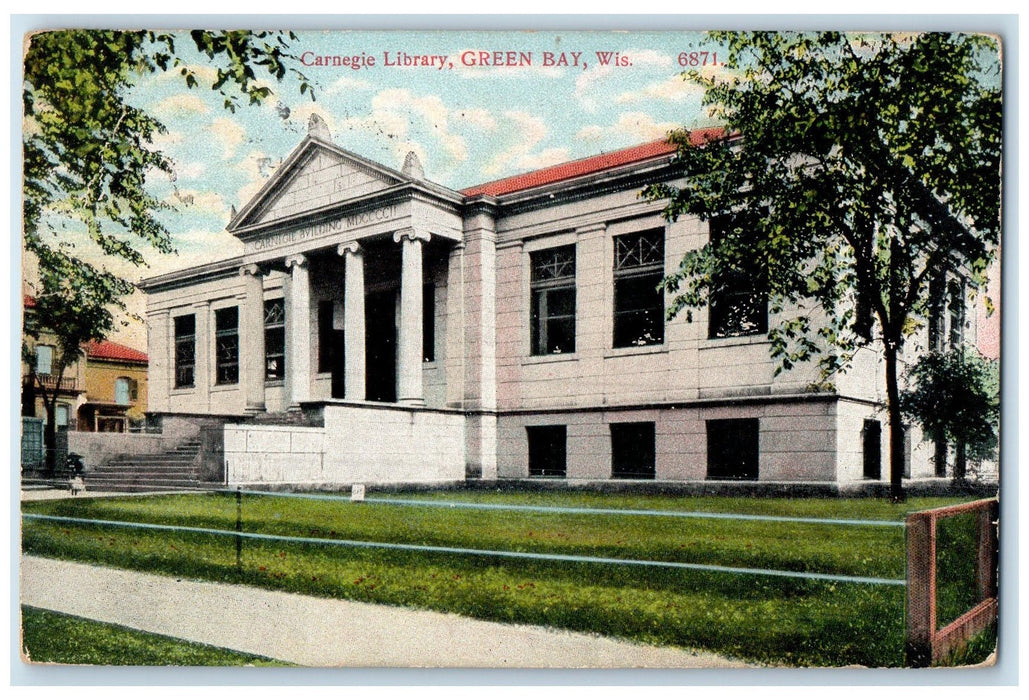 1914 Carnegie Library Building Ground Steps View Green Bay Wisconsin WI Postcard