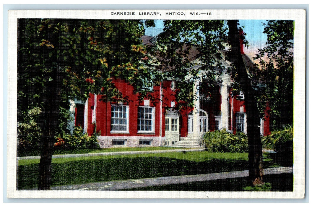 c1940's Carnegie Library Building Trees Pathways Antigo Wisconsin WI Postcard