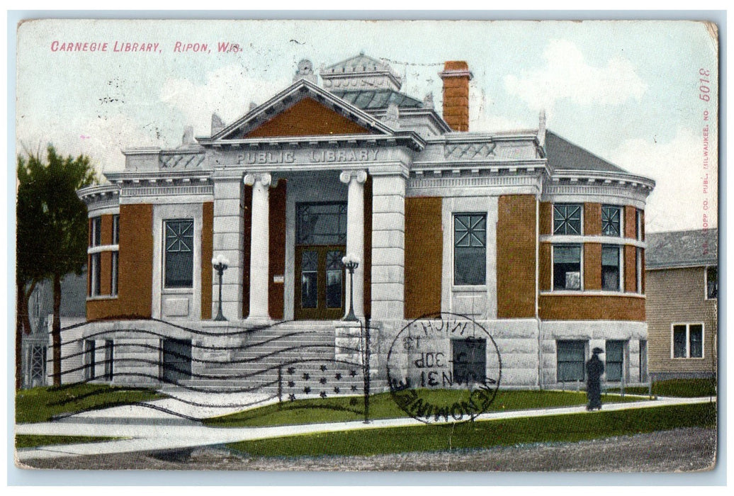 1913 Carnegie Library Building Stairs Entrance Door Ripon Wisconsin WI Postcard