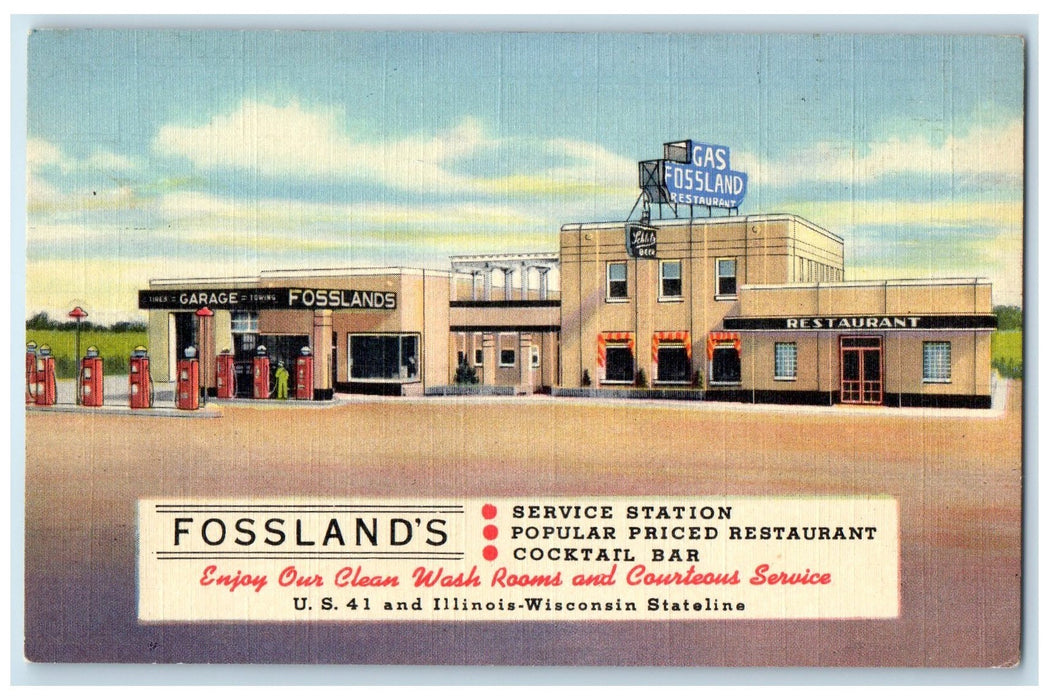 c1940's Fossland's Gas Station Restaurant Bar View Kenosha Wisconsin WI Postcard