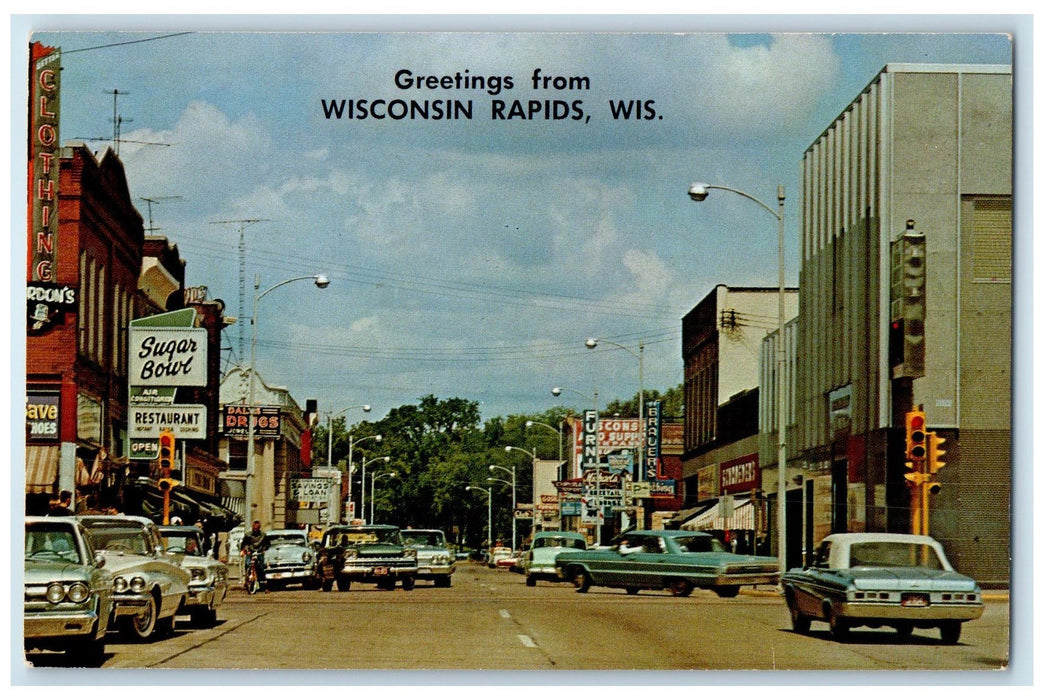 c1950's Greetings From Wisconsin Rapids Establishments Downtown Cars WI Postcard