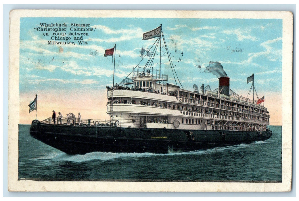 1924 Whaleback Steamer Christopher Columbus Smokestacks Milwaukee WI Postcard