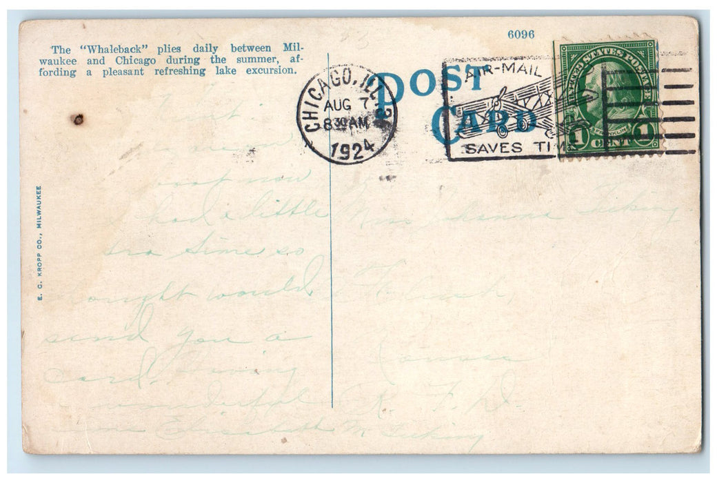 1924 Whaleback Steamer Christopher Columbus Smokestacks Milwaukee WI Postcard