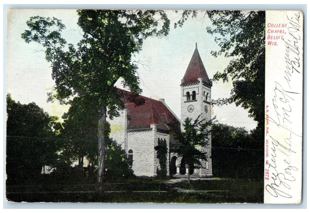 1907 College Chapel Campus Building Clock Tower Beloit Wisconsin WI Postcard